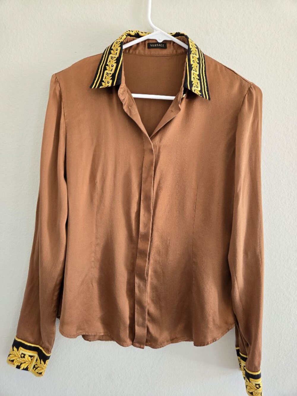 Versace Silk Blouse w/ Contrast Barocco Print Collar & Cuffs-Brown/Gold Size 38